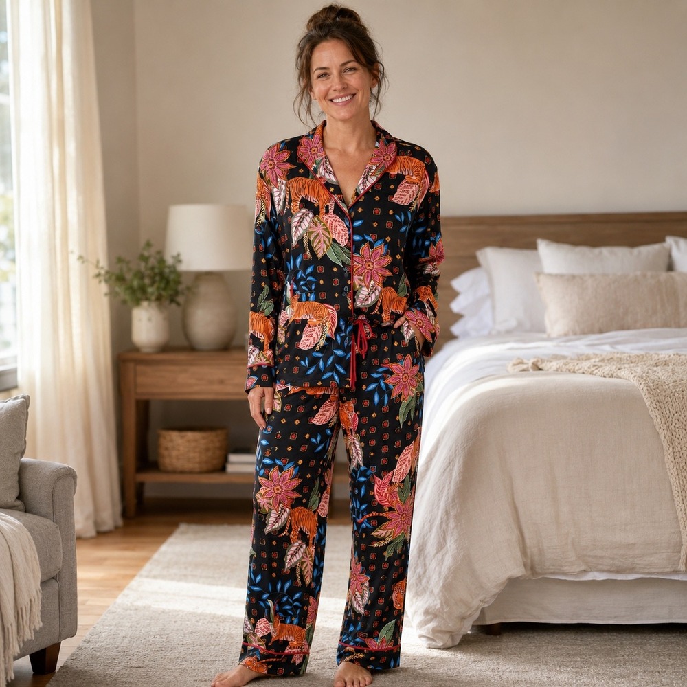 Room Service Womens Tiger Floral Pajama Set Black Multicolor ZRS97677 Size Large